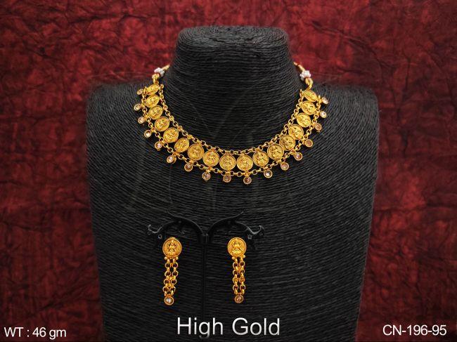 Beautiful Coin Temple Jewelry Laxmi Design High Gold Polish Designer Fancy Necklace Set — CN-196-95
